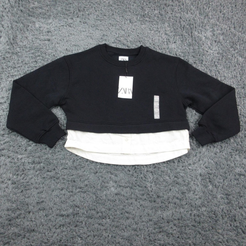 Zara Sweatshirt Youth 13-14 Blue White Shirt Hem Crewneck Crop Pullover NWT